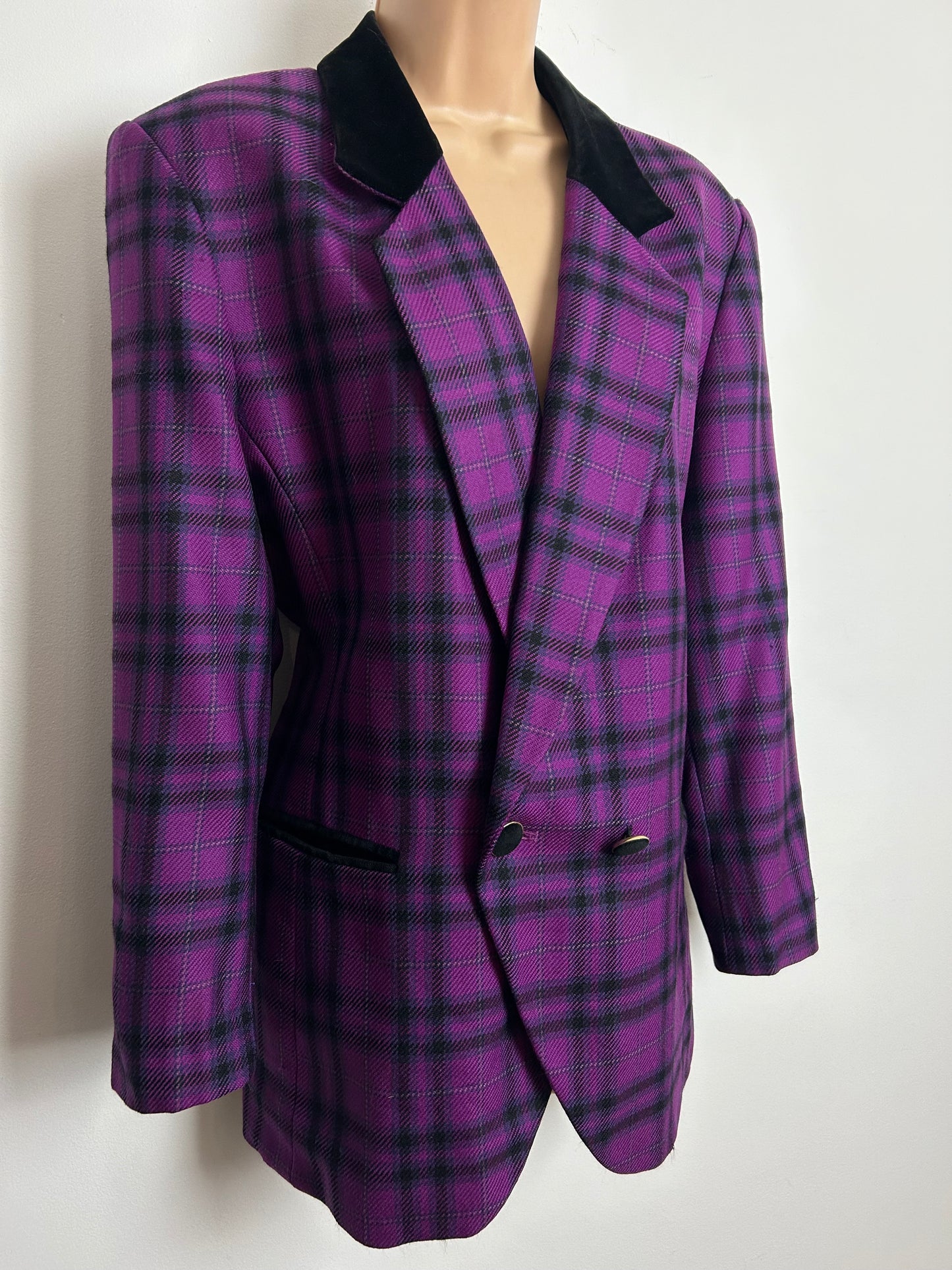 Vintage 1980s YOUR SIXTH SENSE Size 14-16 Purple All New Wool Check Blazer With Velvet Trim