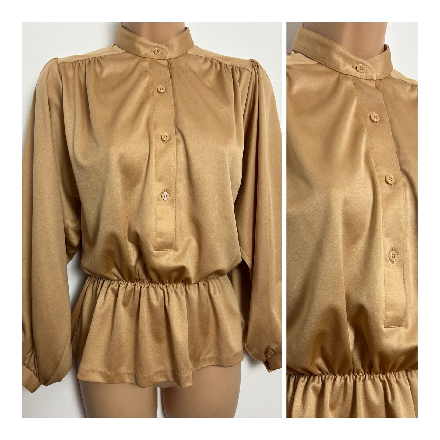 Vintage Early 1980s Size 12-14 Gold Long Sleeve Peplum Style Blouse