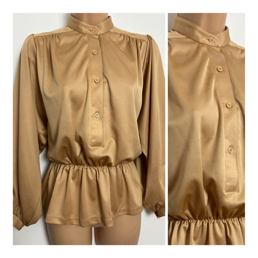 Vintage Early 1980s Size 12-14 Gold Long Sleeve Peplum Style Blouse