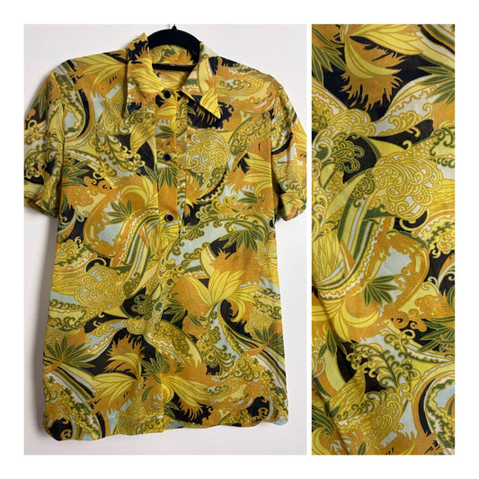 Vintage 1960s UK Size 12-14 Orange Yellow & Green Floral Print Short Sleeve Nylon Shirt