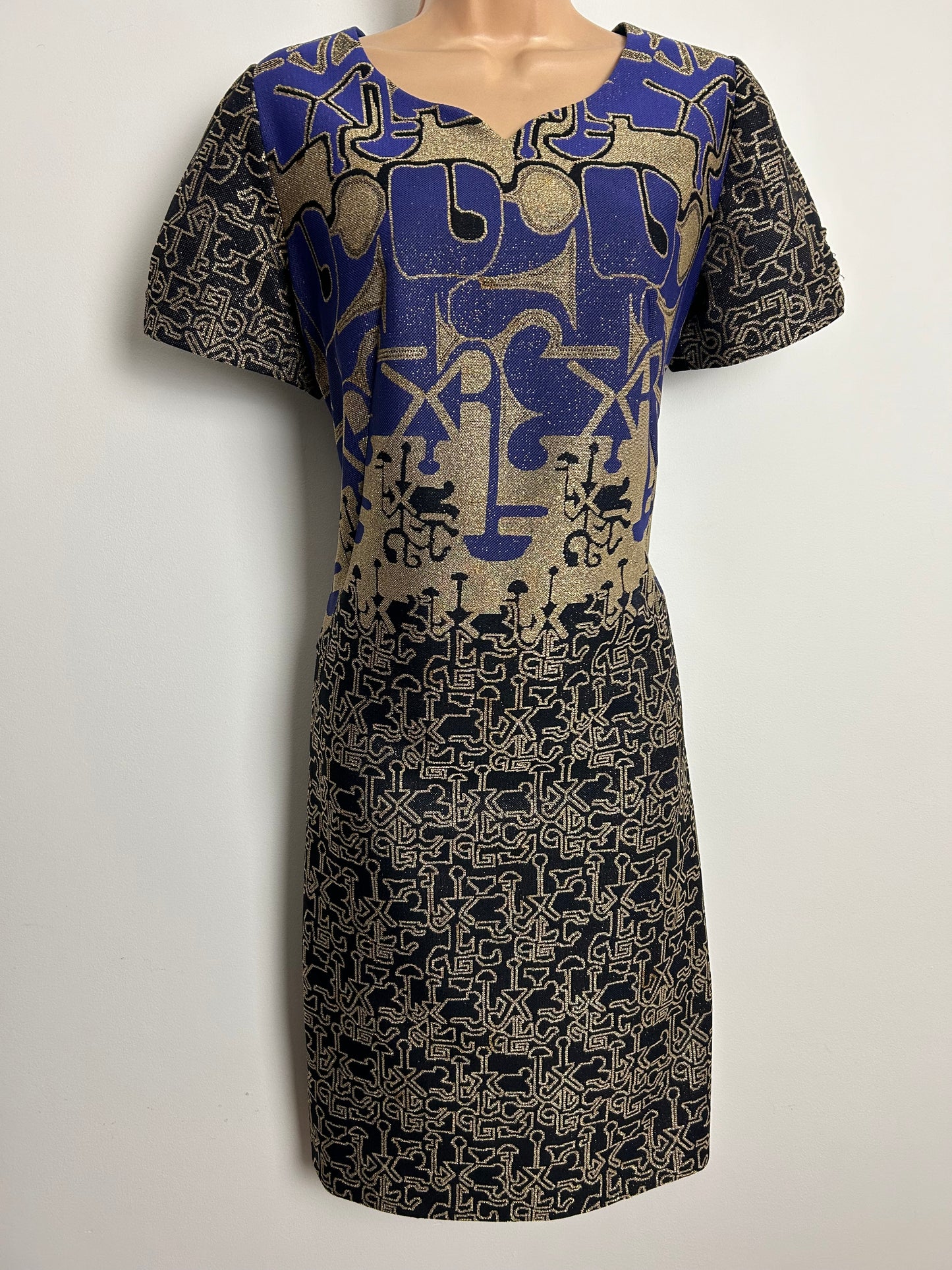 Vintage 1960s Size 12 Purple Gold & Black Abstract Print Lurex Mod Shift Party Dress