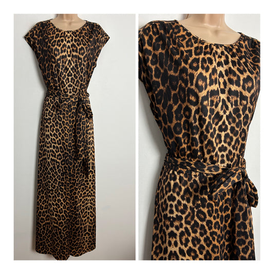 Vintage Early 1980s UK Size 14-16 Black & Tan Leopard Print Cap Sleeve Belted Split Panel Maxi Dress