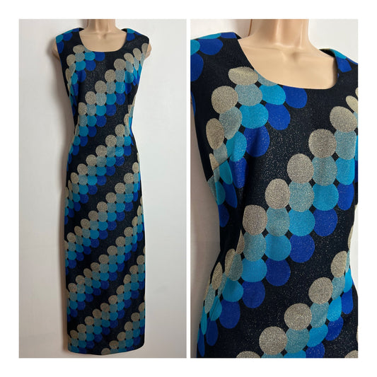 Vintage 1970s UK Size 12-14 Black Blue Silver & Gold Lurex Circle Print Sleeveless Colum Occasion Evening Maxi Dress
