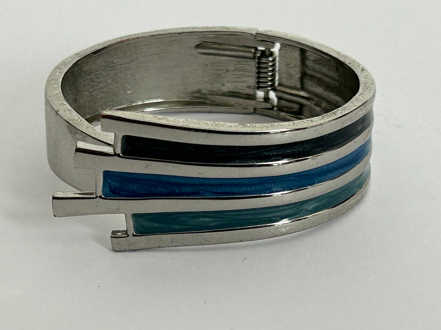 Vintage 1970s Silver Tone & Blue Enamel Modernist Hinged Clamper Bangle/Bracelet