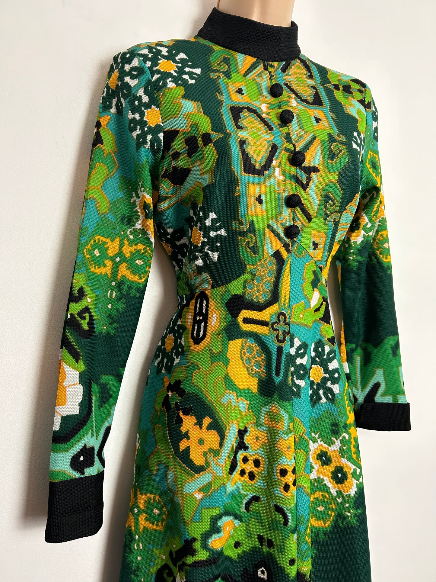 Vintage 1970s UK Size 10 Stunning Green Yellow & Turquoise Abstract Print Long Sleeve Boho Maxi Dress