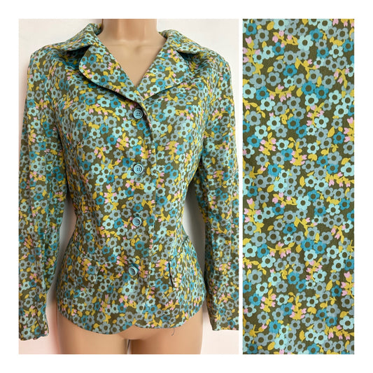Vintage 1960s UK Size 10 Cute Blue Olive Green & Dark Yellow Floral Print Jacket Style Cotton Blouse/Top