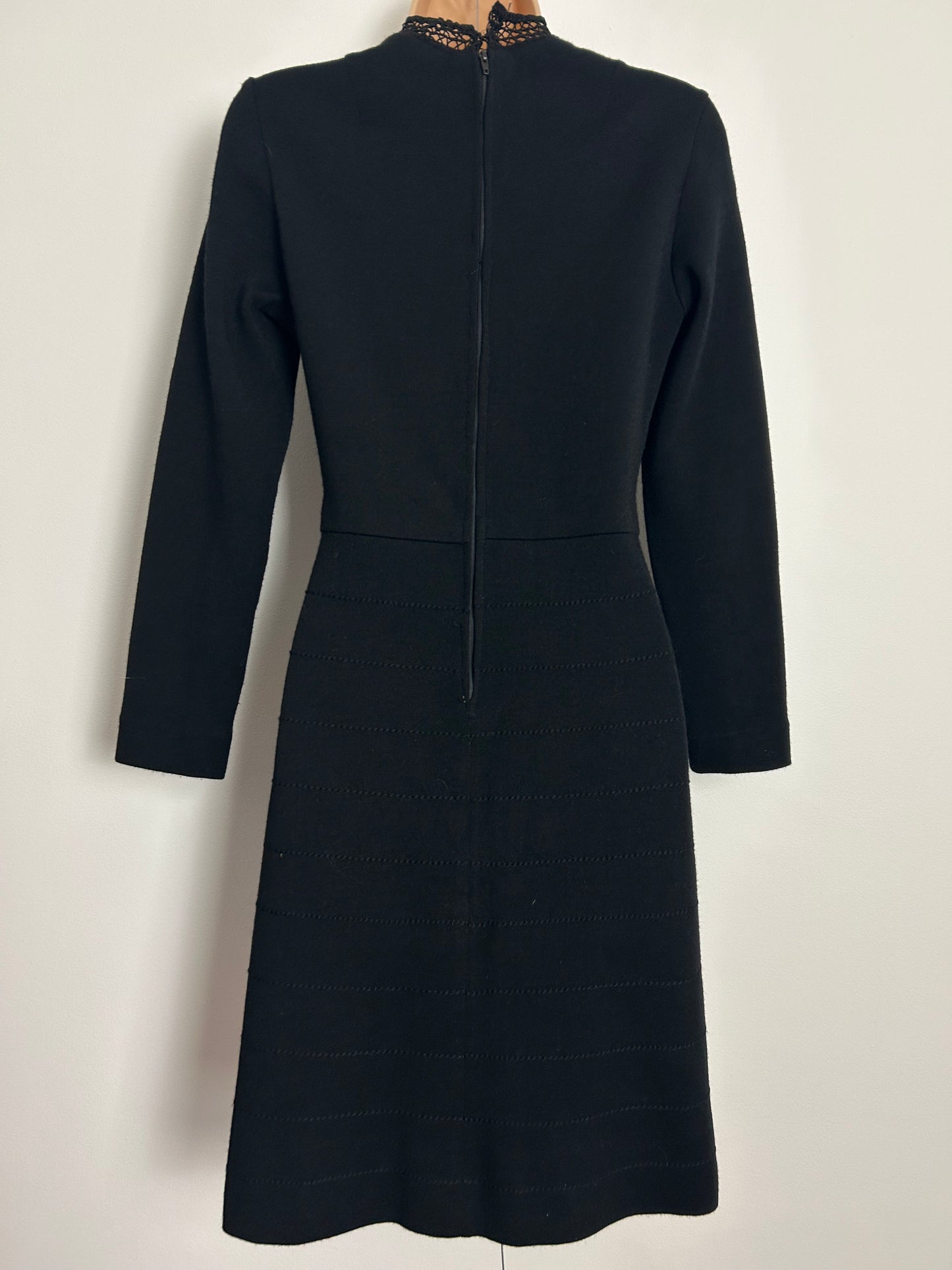 Vintage 1960s UK Size 8 Black Wool Mix Lace Trim & Pocket Detail Mod Dress