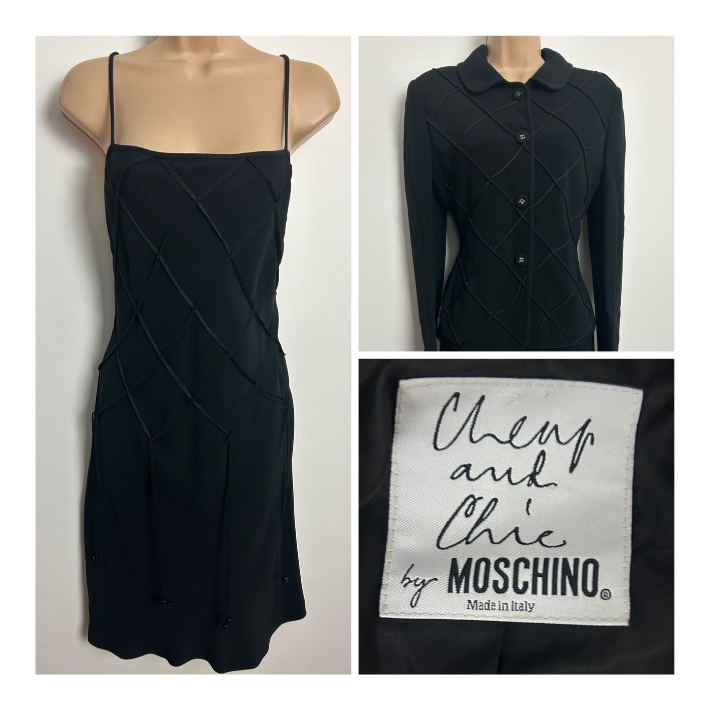 Vintage Late 1990s MOSCHINO CHEAP & CHIC Size 10 Black Lattice String Detail Little Black Dress & Matching Jacket Suit