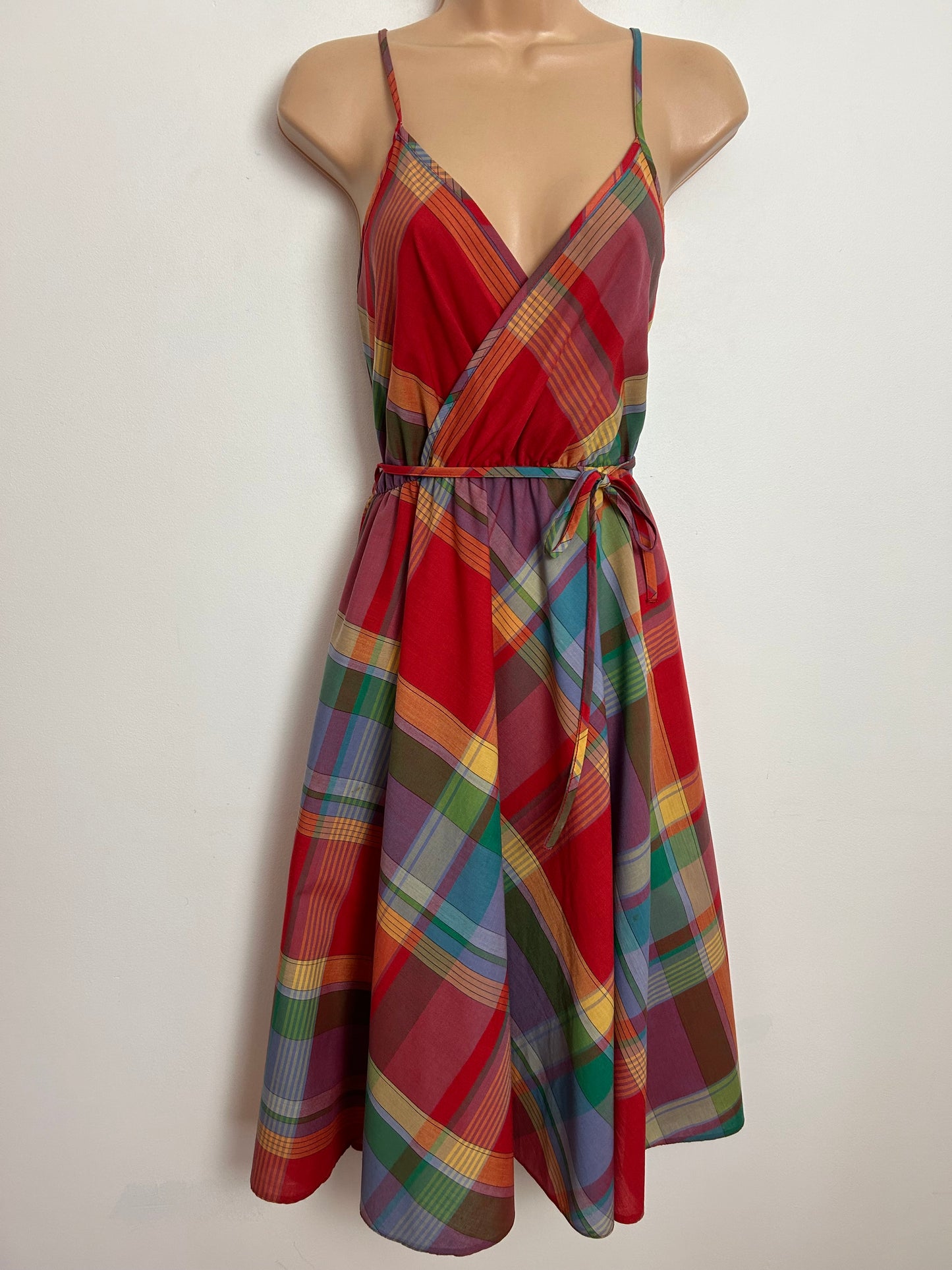 Vintage Late 1970s ST MICHAEL UK Size 14 Red Rainbow Check Print Cotton Mix Belted Summer Dress