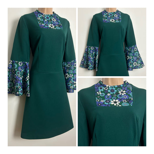 Vintage 1970s Size 10-12 Dark Green & Floral Print Contrast Flared Cuff Mod Dress