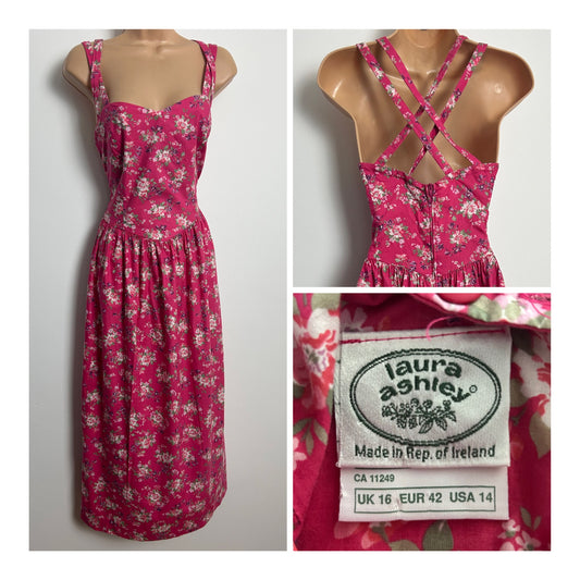Vintage 1980s LAURA ASHLEY REP OF IRELAND Size 12 Pink Floral Cross Strap Summer Cotton Dress