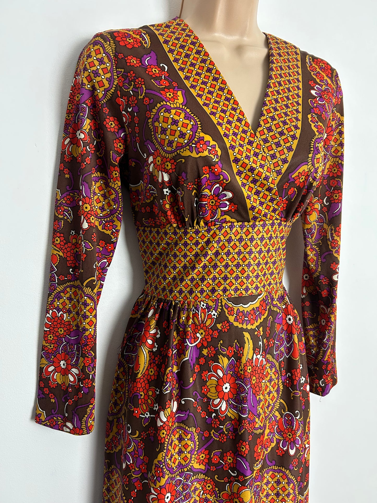 Vintage 1970s UK Size 6-8 Brown Mustard Yellow & Red Abstract Floral & Grid Print Long Sleeve Maxi Dress