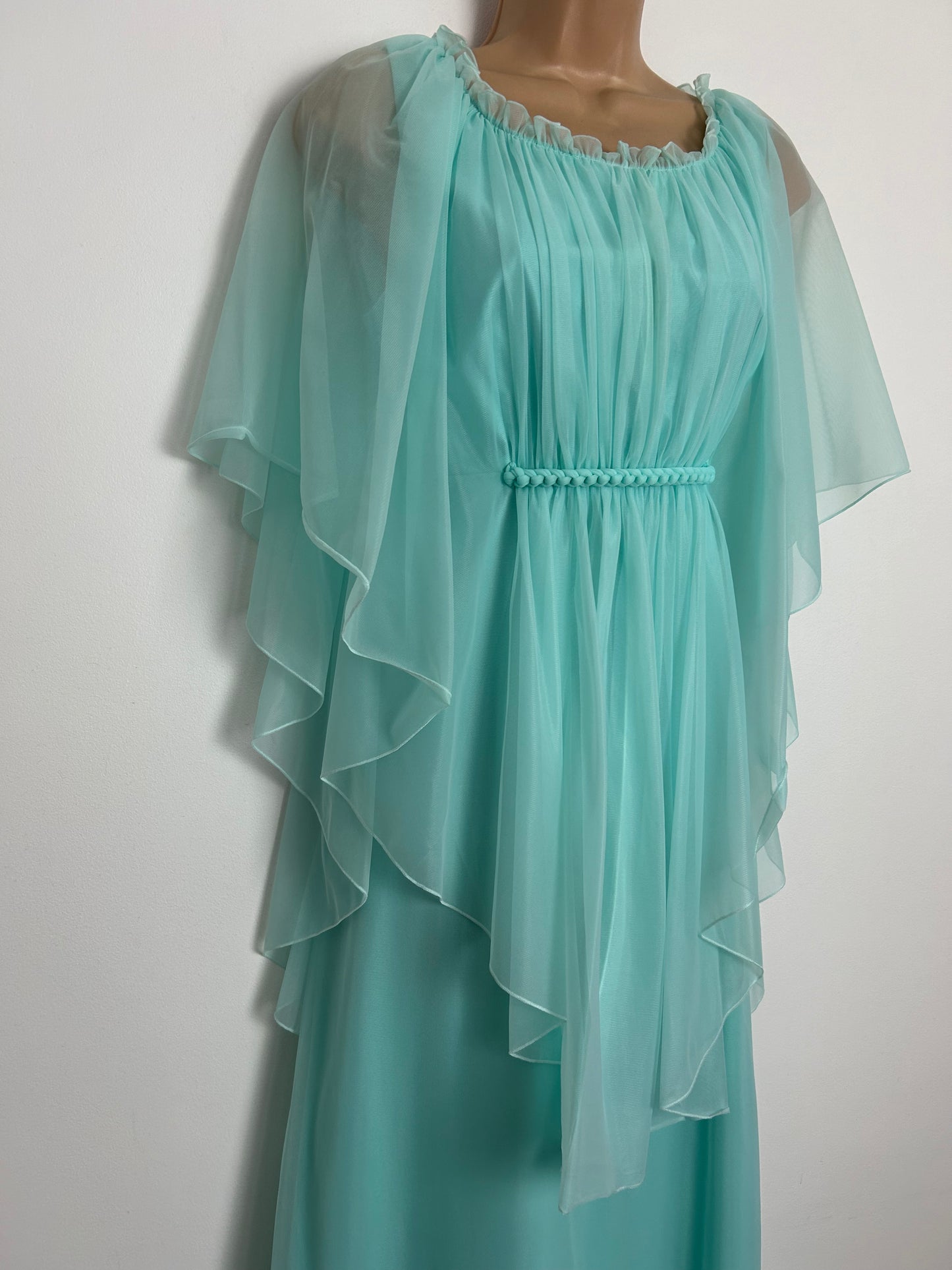 Vintage 1970s UK Size 8 Pale Icy Mint Green Nylon Cape Sleeve Plaited Boho Occasion Maxi Dress