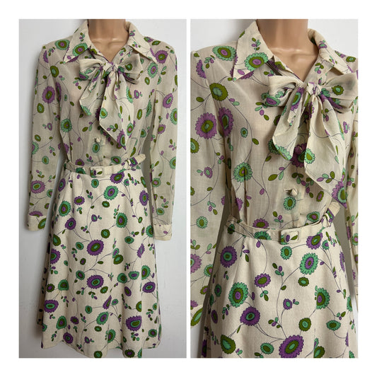 Vintage 1970s MONTIGO BAY Size 8 Cream Purple & Mint Green Floral Print Pussy Bow Belted Mod Day Dress