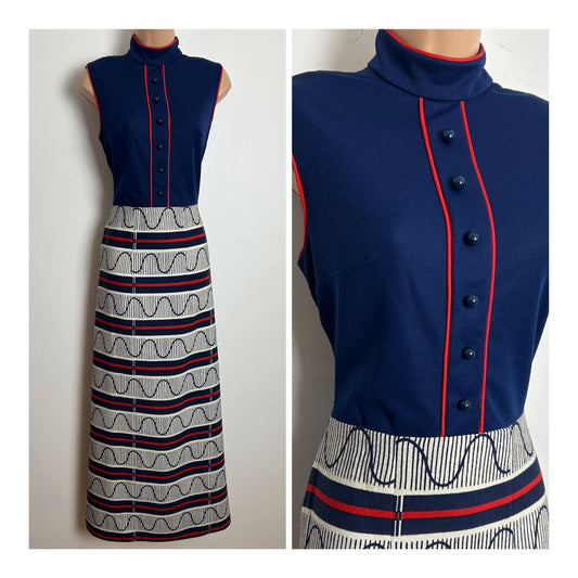 Vintage 1970s RICHARD SHOPS Size 10 Navy Blue White & Red Abstract Stripe Print Sleeveless Maxi Dress