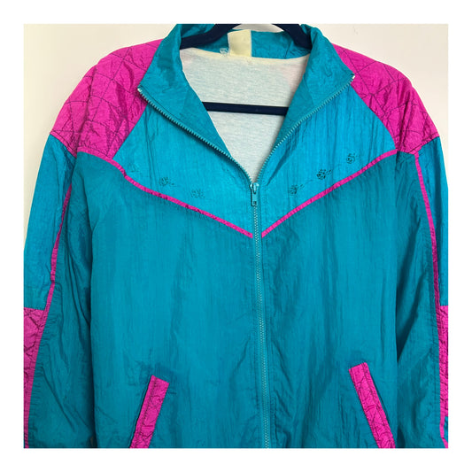 Vintage 1980s FASTLANE Size L (Up to 14) Teal Turquoise & Pink Shell Suit Jacket