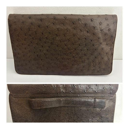 Vintage 1950’s Large Brown Ostrich Leather Clutch Bag With Hand Strap To The Back
