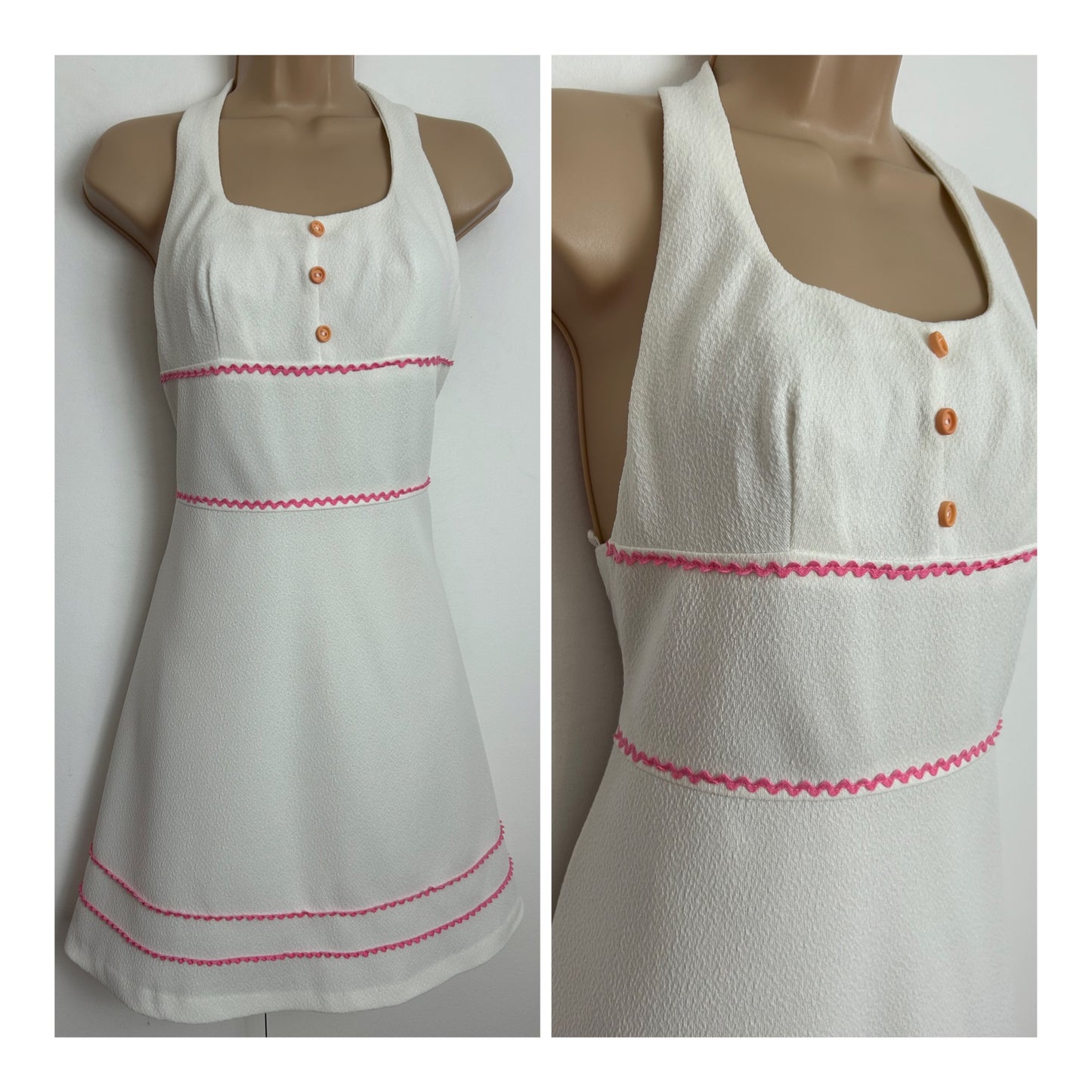 Vintage 1960s Size 8 Cute White Halter Neck Pink Ric Rac Trim Mini Mod Sundress