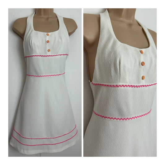 Vintage 1960s Size 8 Cute White Halter Neck Pink Ric Rac Trim Mini Mod Sundress