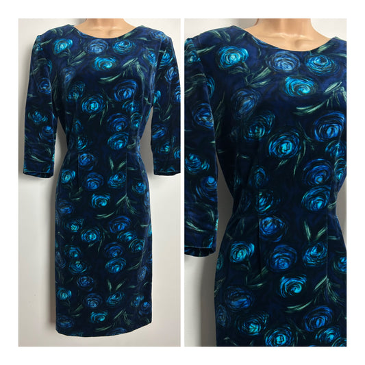 Vintage 1960s Size 12 Gorgeous Blue Tones Abstract Floral Print Velvet Wiggle Dress
