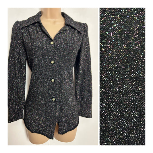 Vintage 1970s UK Size 10 Black Glittery Lurex Long Sleeve Shirt Top