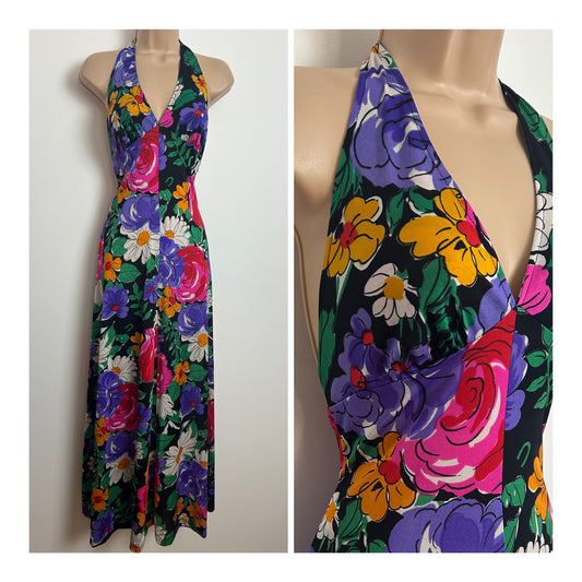 Vintage 1970s Size 8 Black Pink Yellow Purple & Green Floral Print Halterneck Summer Maxi Dress