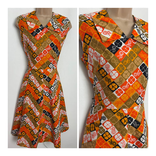Vintage 1970s Size 10 Orange Black Brown & White Check & Floral Print Cotton Mod Day Dress