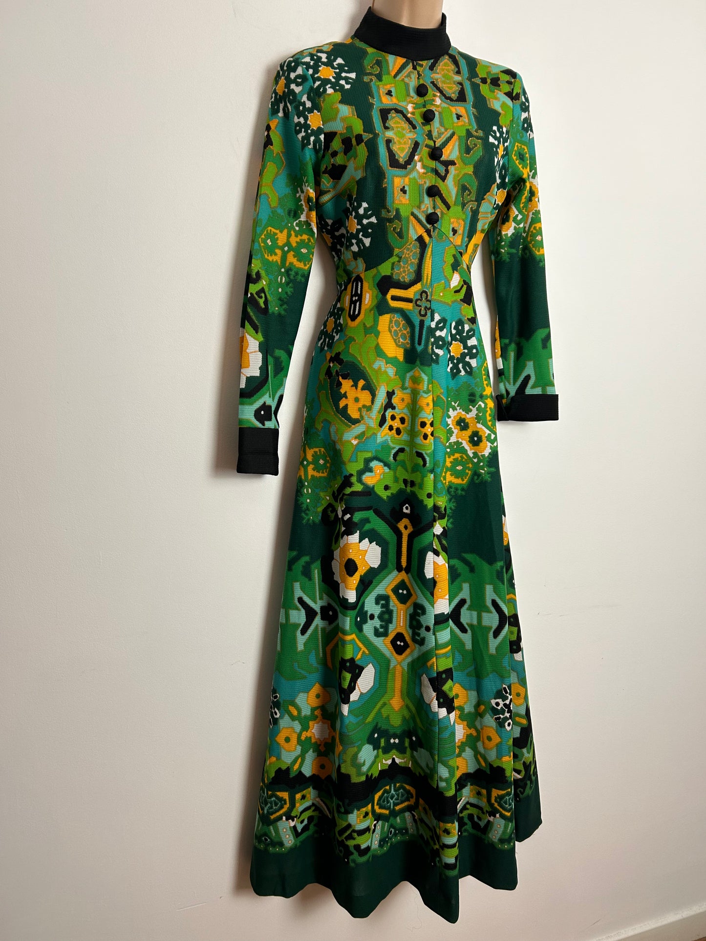 Vintage 1970s UK Size 10 Stunning Green Yellow & Turquoise Abstract Print Long Sleeve Boho Maxi Dress