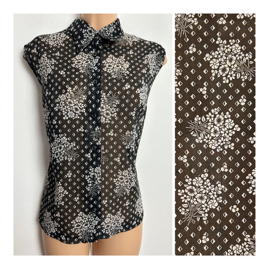 Vintage 1970s UK size 14-16 Black & White Floral Print Sleeveless Semi Sheer Blouse