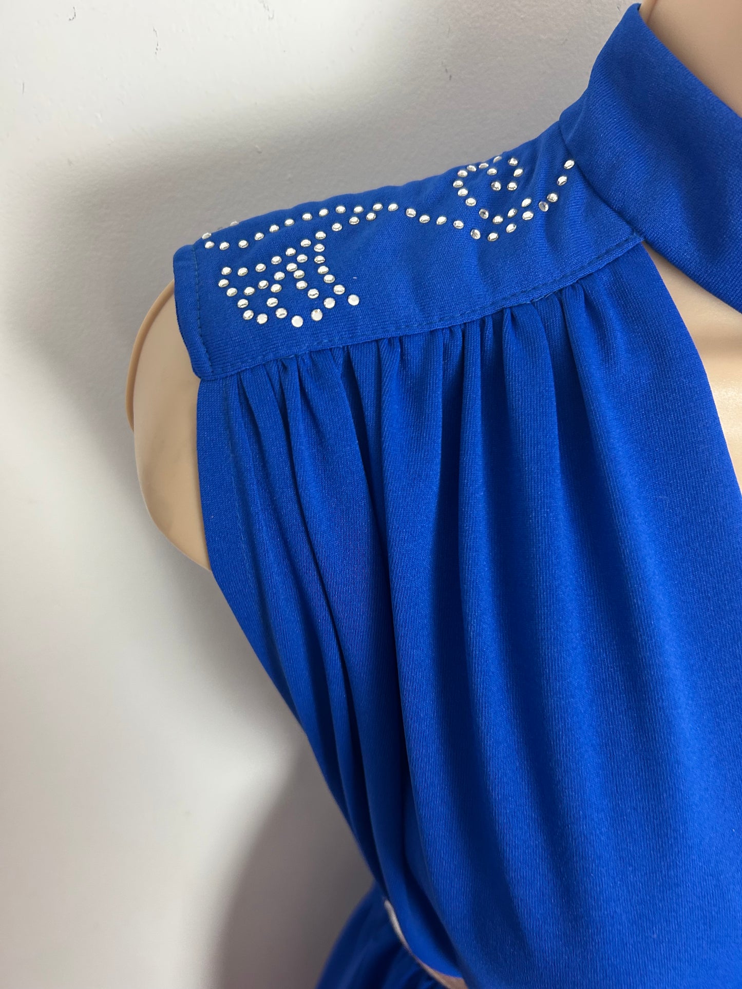 Vintage THE HOUSE OF SAINT NICHOLAS Size 8-10 Royal Blue Rhinestone Detail Belted Evening Maxi Dress
