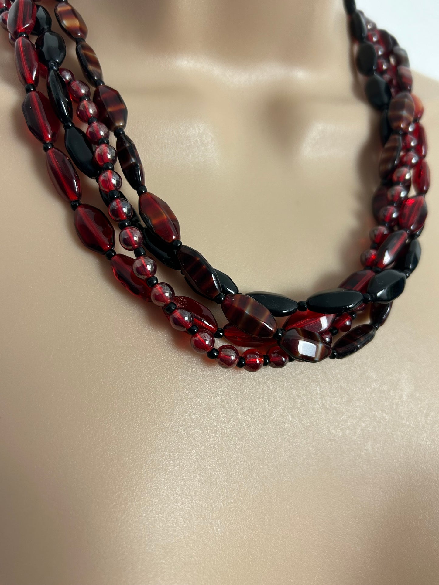 Vintage 1960s Dark Red & Black Glass Multistrand Necklace