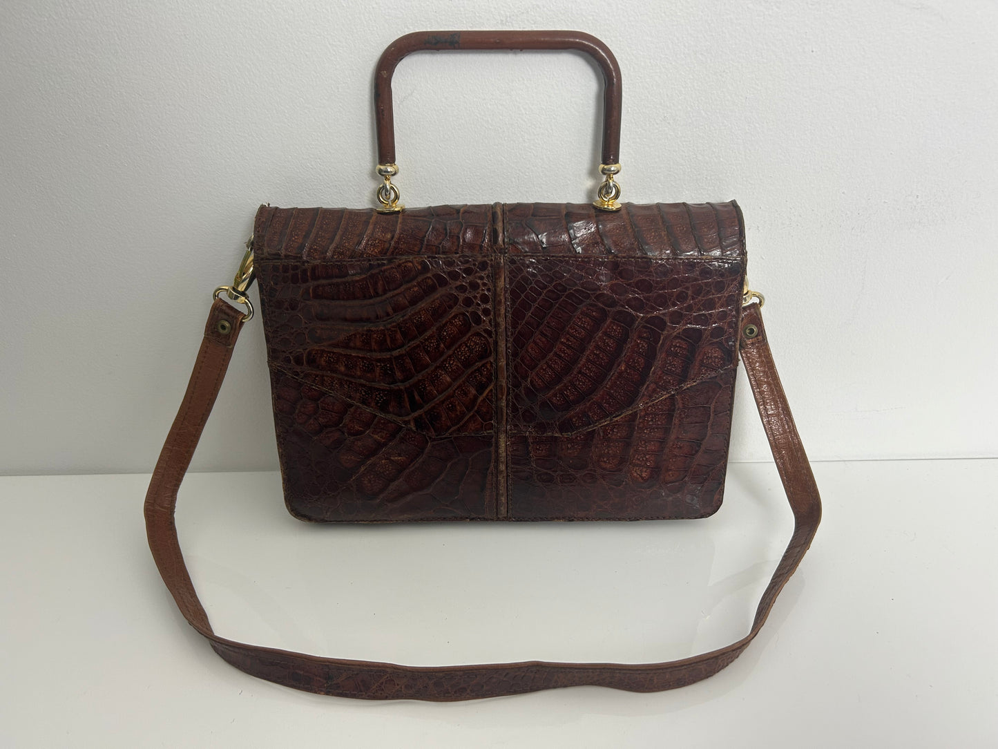 Vintage Late 1960s Early 1970s Brown Mock Croc Leather Handbag Or Shoulder Strap