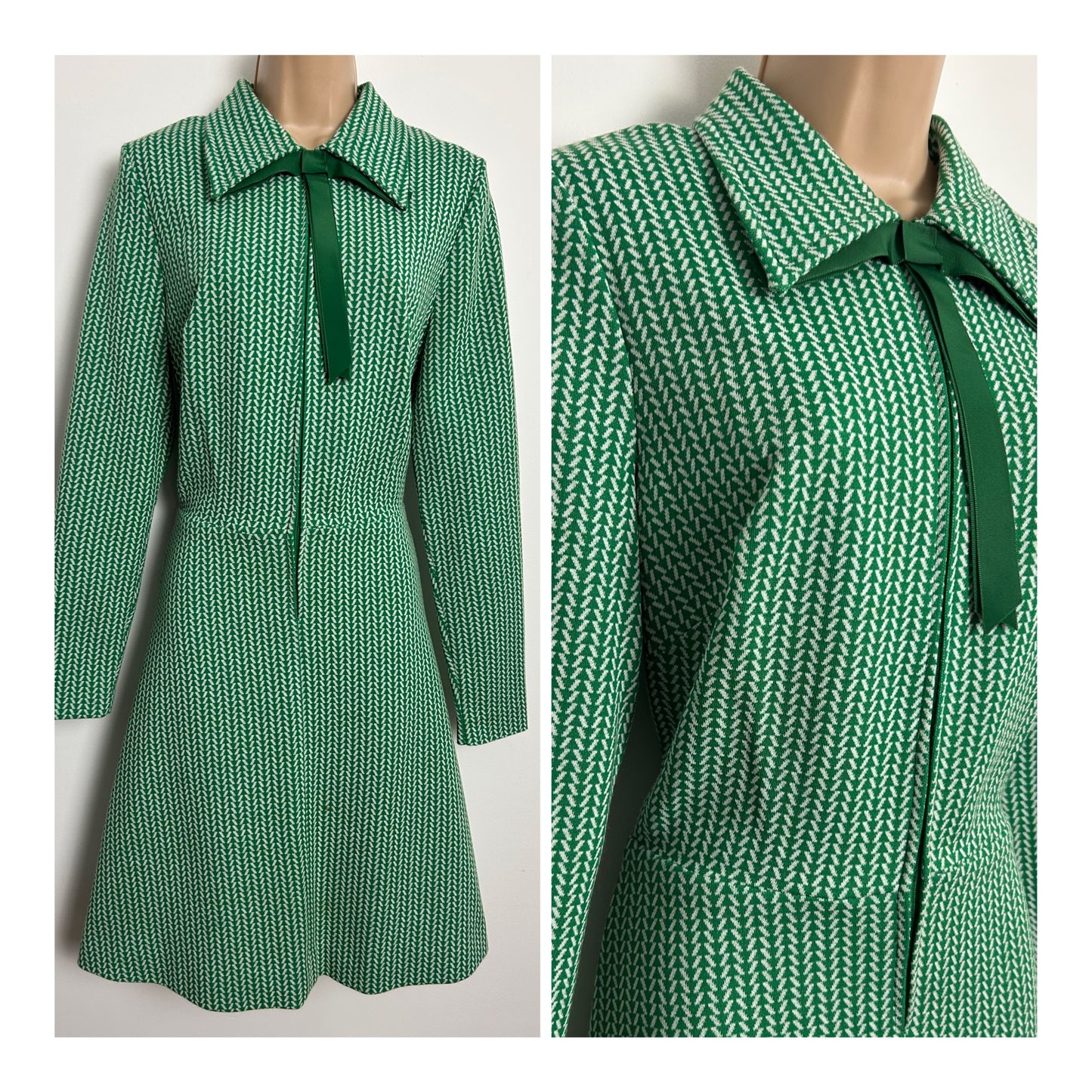 Vintage Early 1970s ST MICHAEL Size 12 Green & White Dash Print Zip Print Bow Detail A-Line Mod Dress