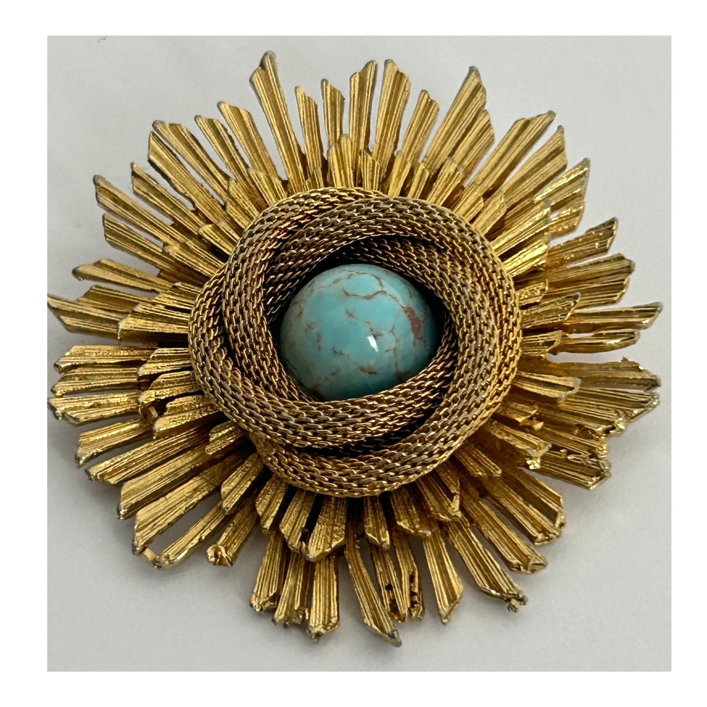 Vintage 1960s Gold Tone Base Metal Sunburst Turquoise Stone Set Brooch