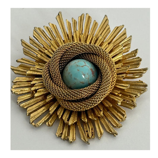 Vintage 1960s Gold Tone Base Metal Sunburst Turquoise Stone Set Brooch