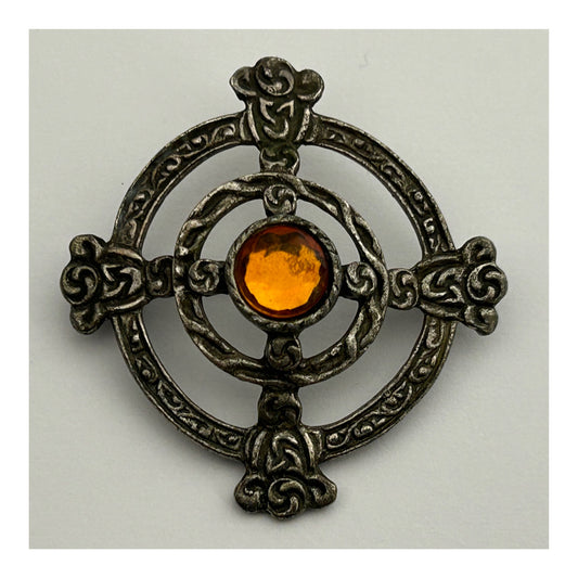 Vintage 1960s Silver Tone Scottish Celtic Shield Style Pin Brooch With Foil Backed Amber Glass Bead