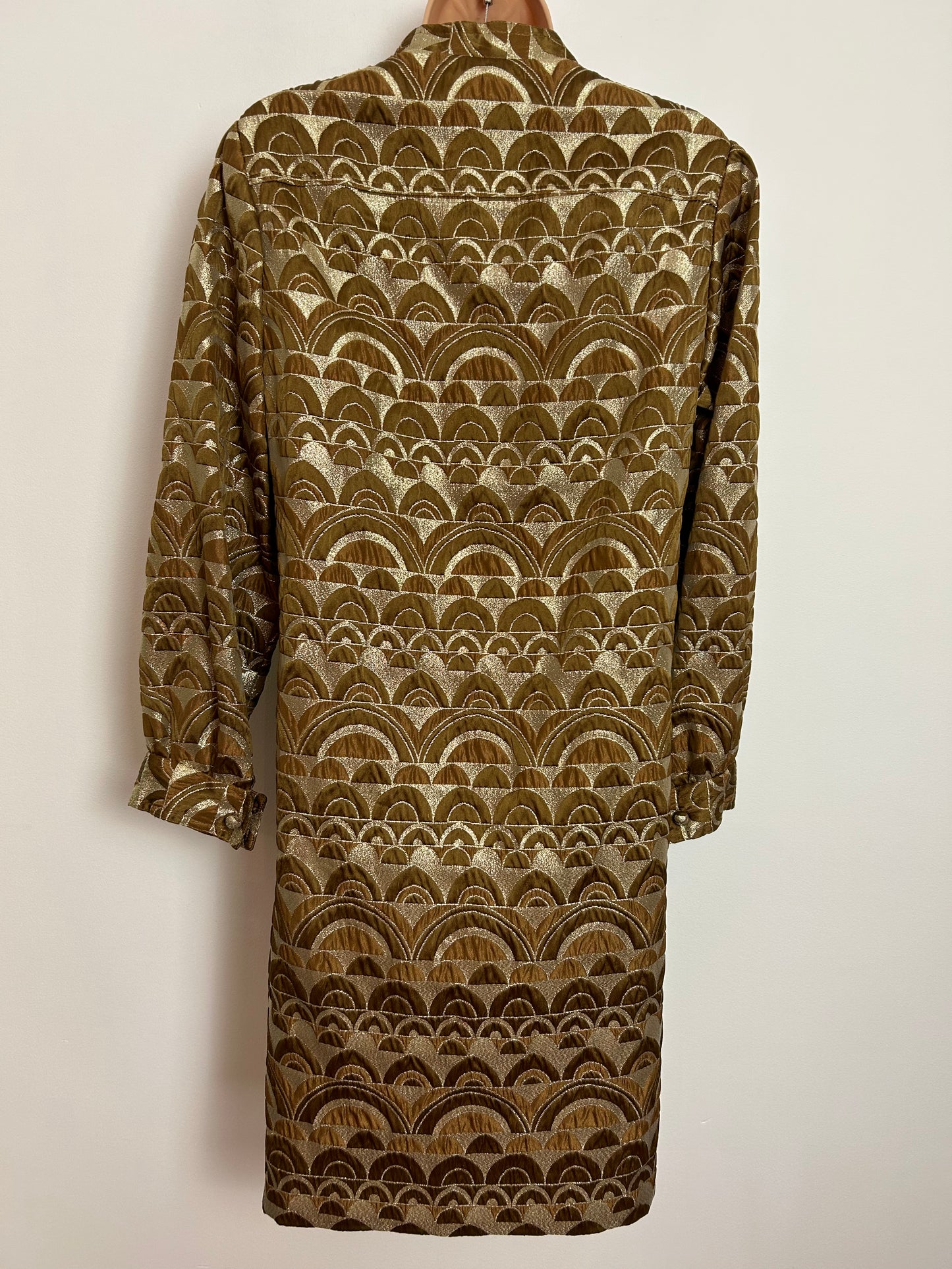 Vintage 1960s LA STRADA UK Size 10 Gold & Bronze Brocade Arc Print Long Sleeve Mod Occasion Party Shift Dress