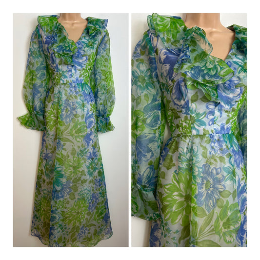 Vintage 1970s Size 10 Green & Blue Tones Floral Print Ruffle Neck Long Sleeve Chiffon Maxi Dress