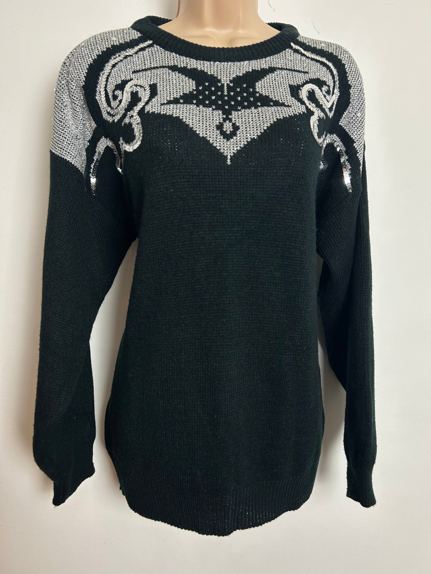 Vintage 1980s Up To Size 14/16 Black & Silver Sequin Detail Jumper