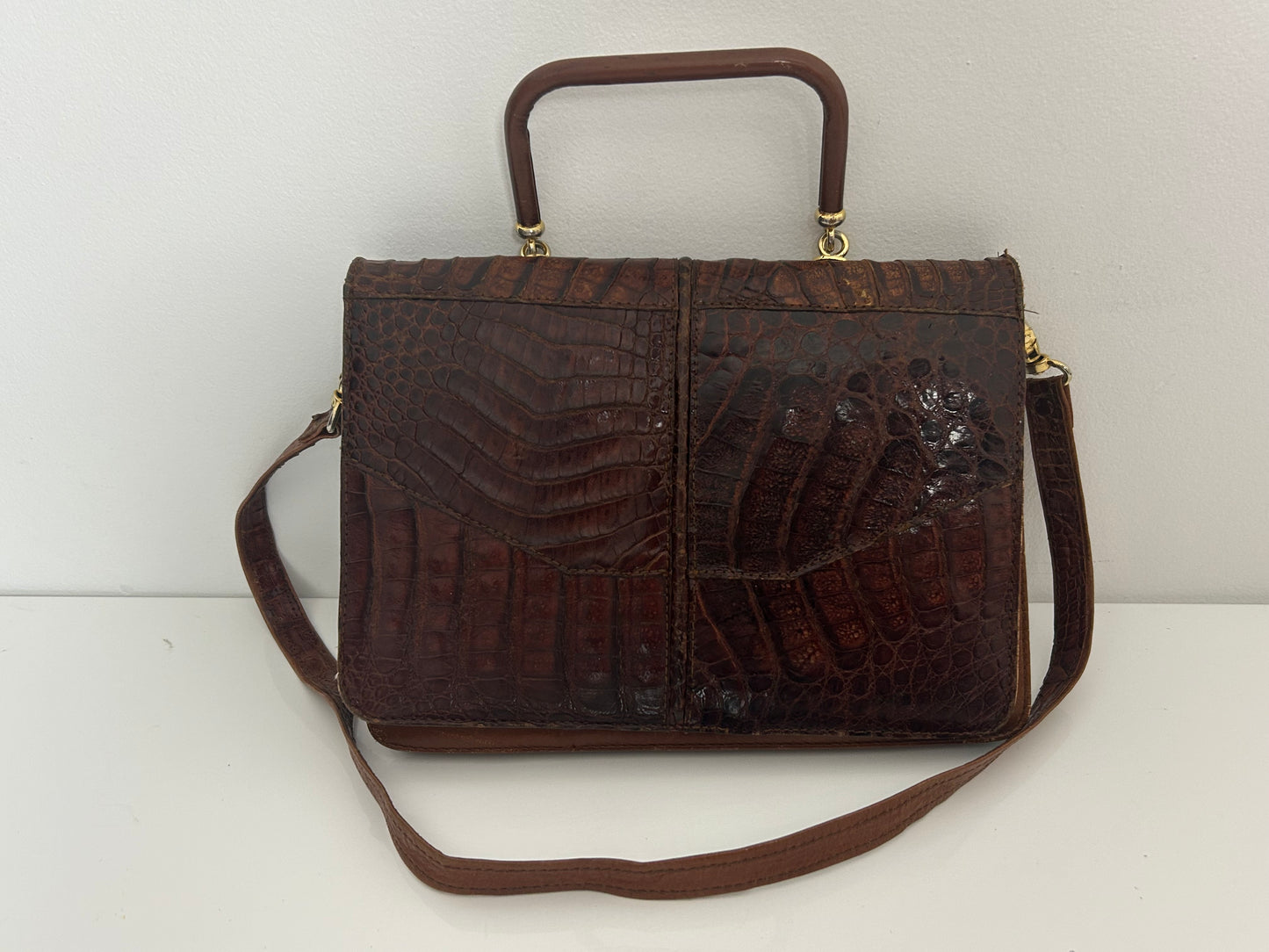 Vintage 1970s Brown Crocodile Skin Leather Handbag With Detachable Shoulder Strap