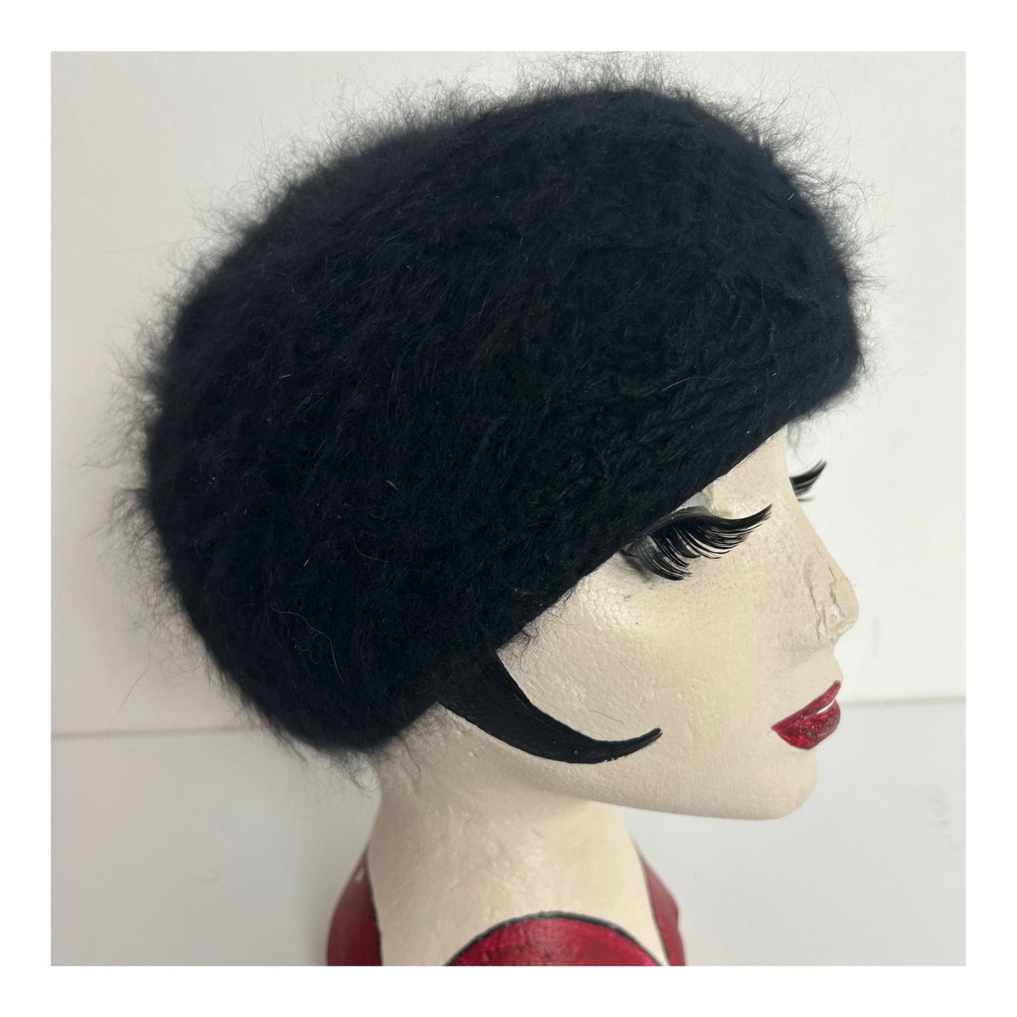 Vintage C&A Black Angora & Wool Mix Handcrafted Beanie Winter Hat
