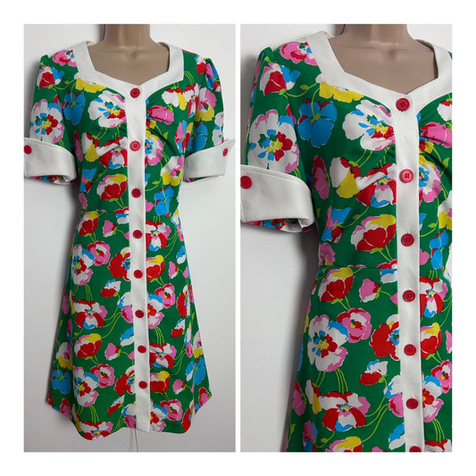 Vintage 1970s UK Size 14 Green White Pink Red & Yellow Floral Print Short Sleeve Mod Dress