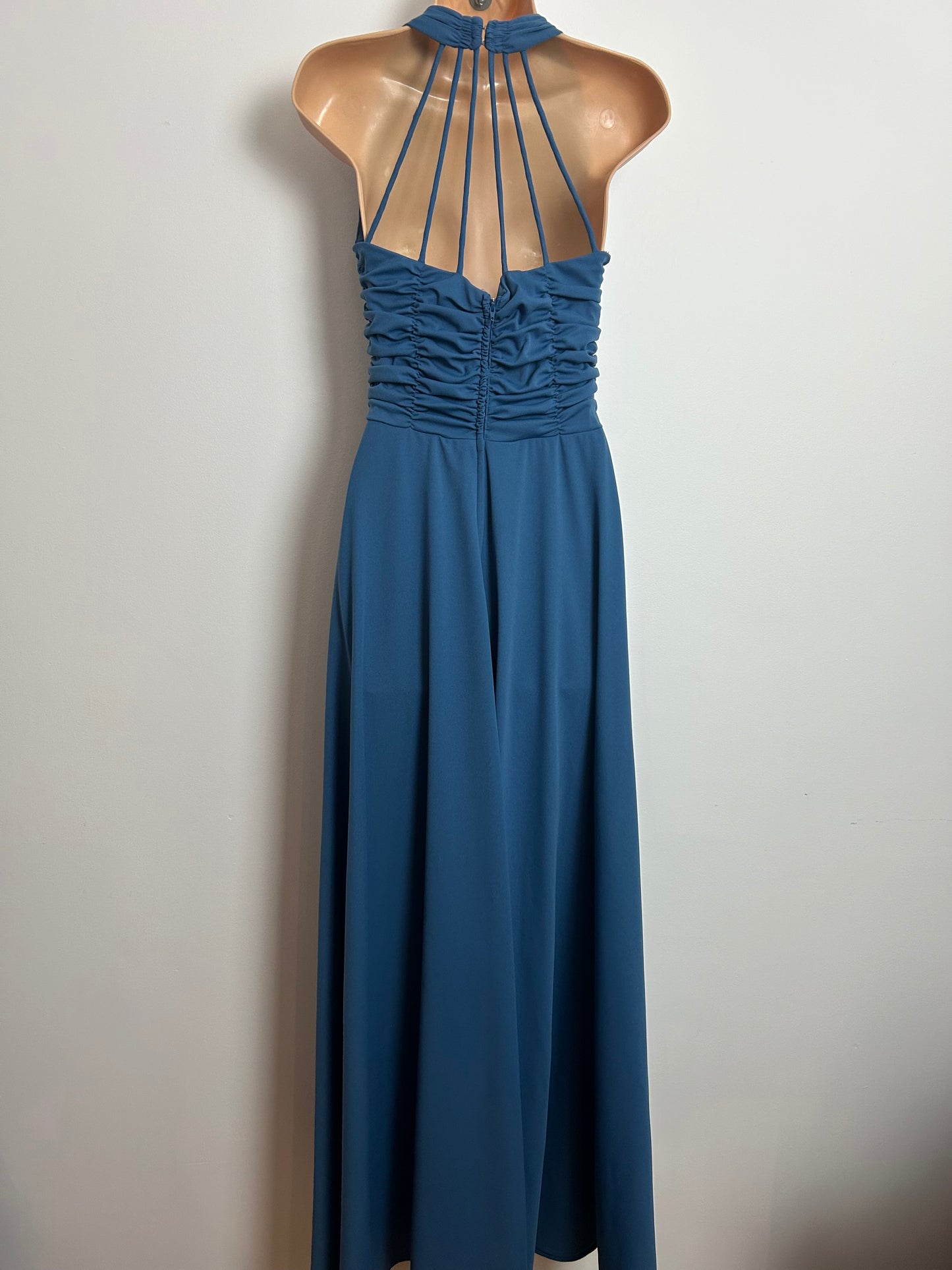 Vintage 1970s Size 6 Dusky Blue Strappy Cage Back Evening Occasion Maxi Dress