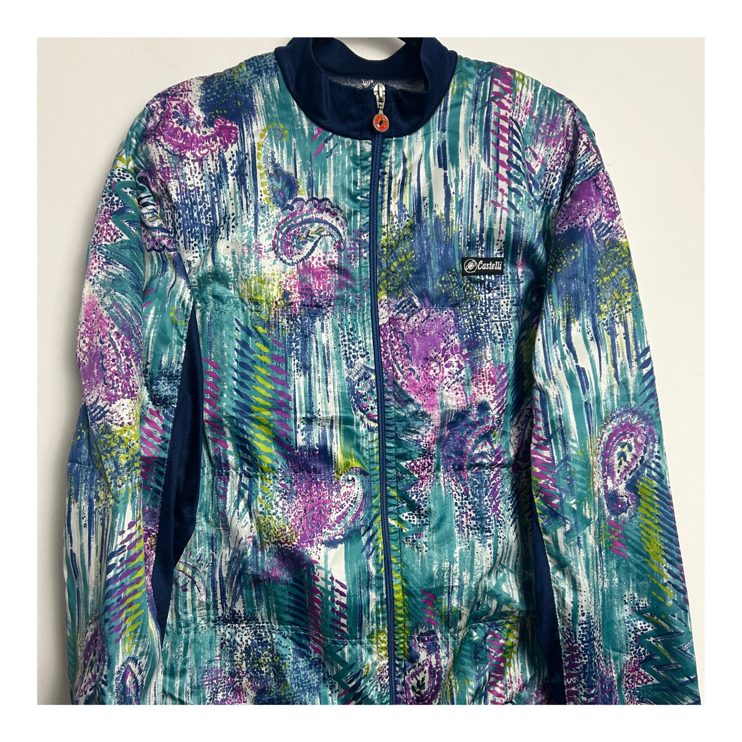 Vintage 1980s Up To Size 14 Italian CASTELLI Blue Turquoise & Pink Paisley Print Zip Fronted Activewear Cycling Top