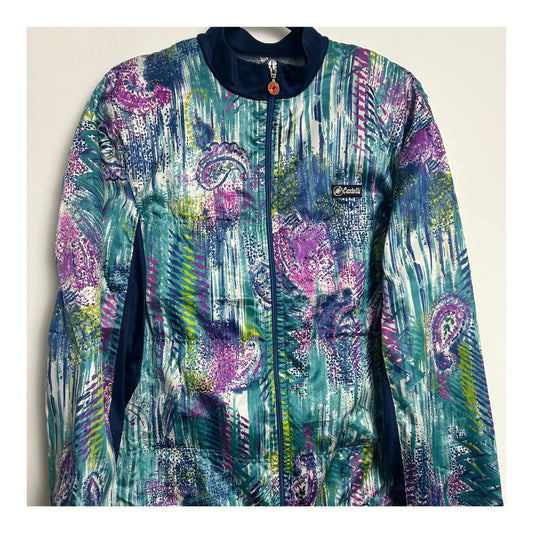 Vintage 1980s Up To Size 14 Italian CASTELLI Blue Turquoise & Pink Paisley Print Zip Fronted Activewear Cycling Top