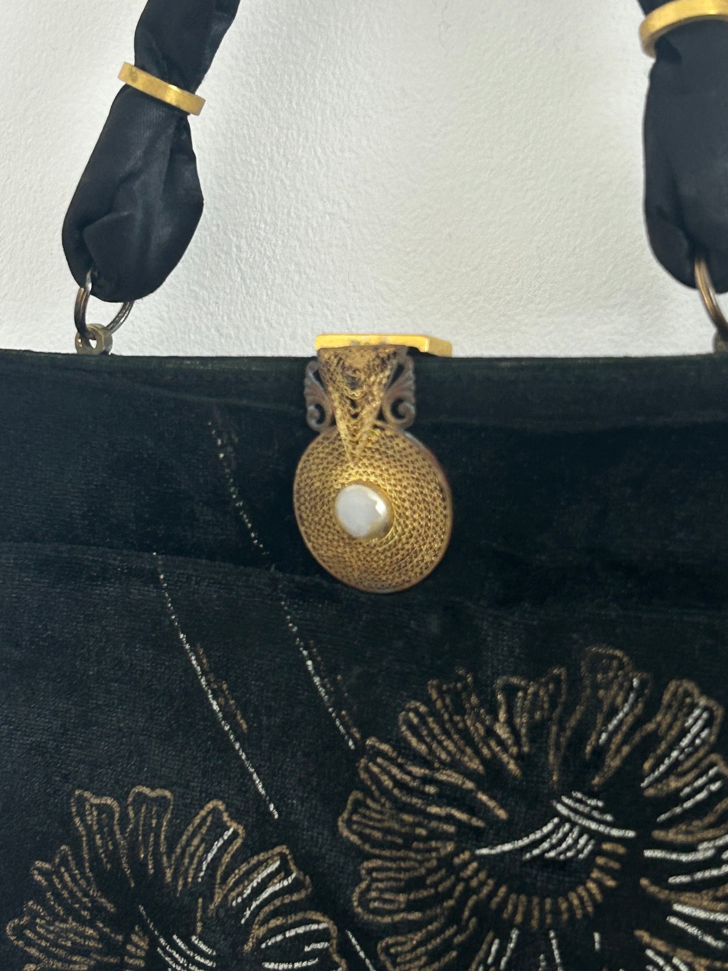 Vintage Early 1950s WALDYBAG Black Velvet Hand Painted Silver & Gold Floral Pattern Cocktail Handbag