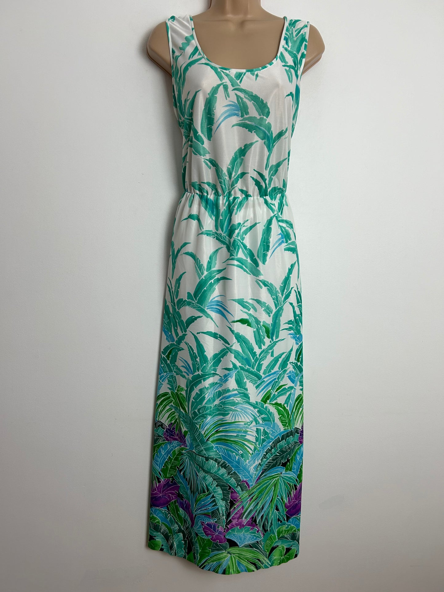 Vintage Early 1980s LAURA PHILLIPS UK Size 12 White & Green Tropical Leaf Print Summer Maxi Dress & Matching Jacket