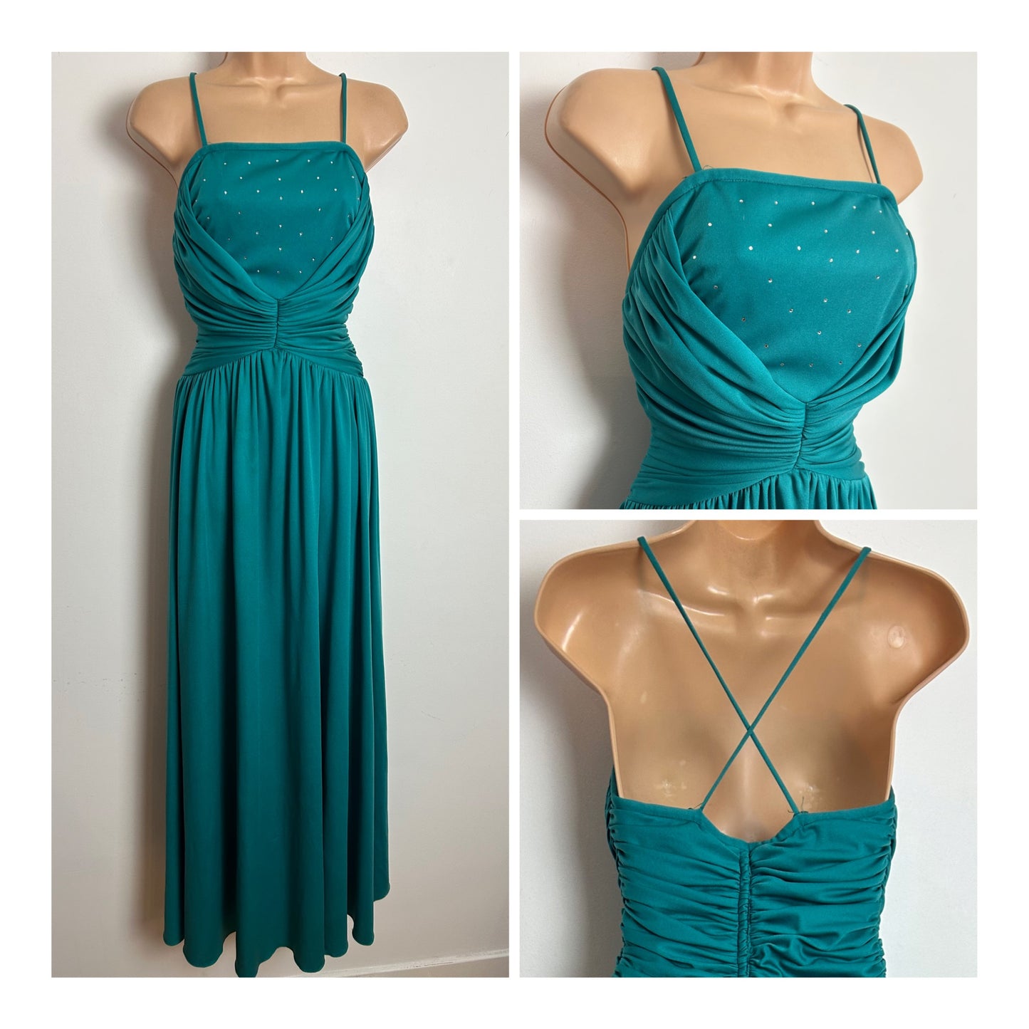Vintage 1970s Size 6 Jade Green Strappy Diamante Detail Ruched Bodice Evening Party Maxi Dress