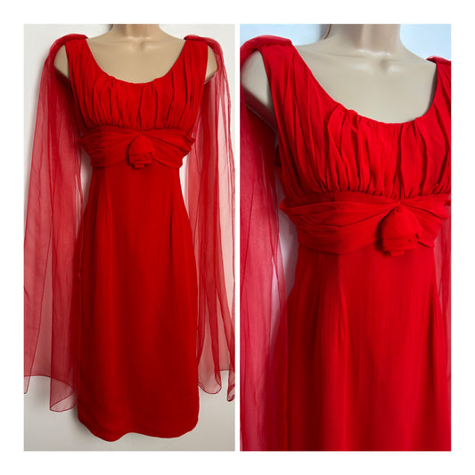 Vintage 1960s Size 8 Red Chiffon Watteau Shoulder Train Fitted Wiggle Occasion Evening Dress