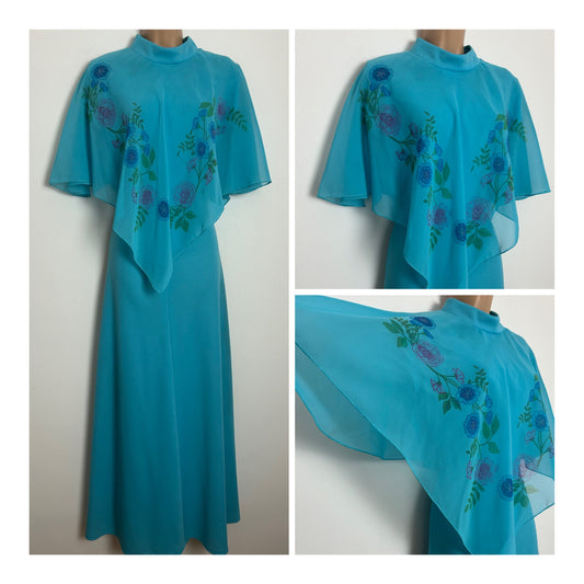Vintage 1970s Size 12 Gorgeous Turquoise Floral Chiffon Cape Style Summer Occasion Maxi Dress